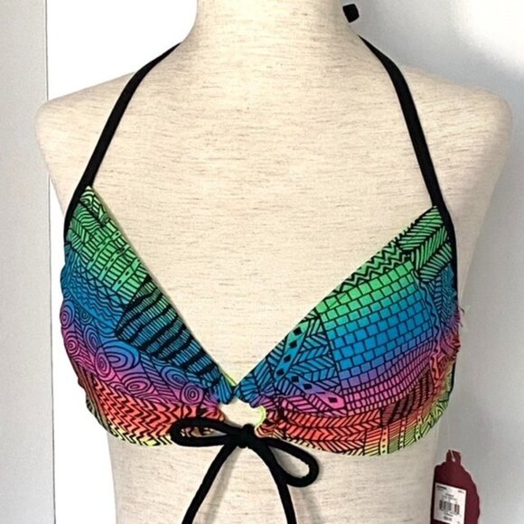 Reversible Bikini Halter Top Multicolor Black Neon Green Juniors Sz L Geometric - Picture 4 of 14